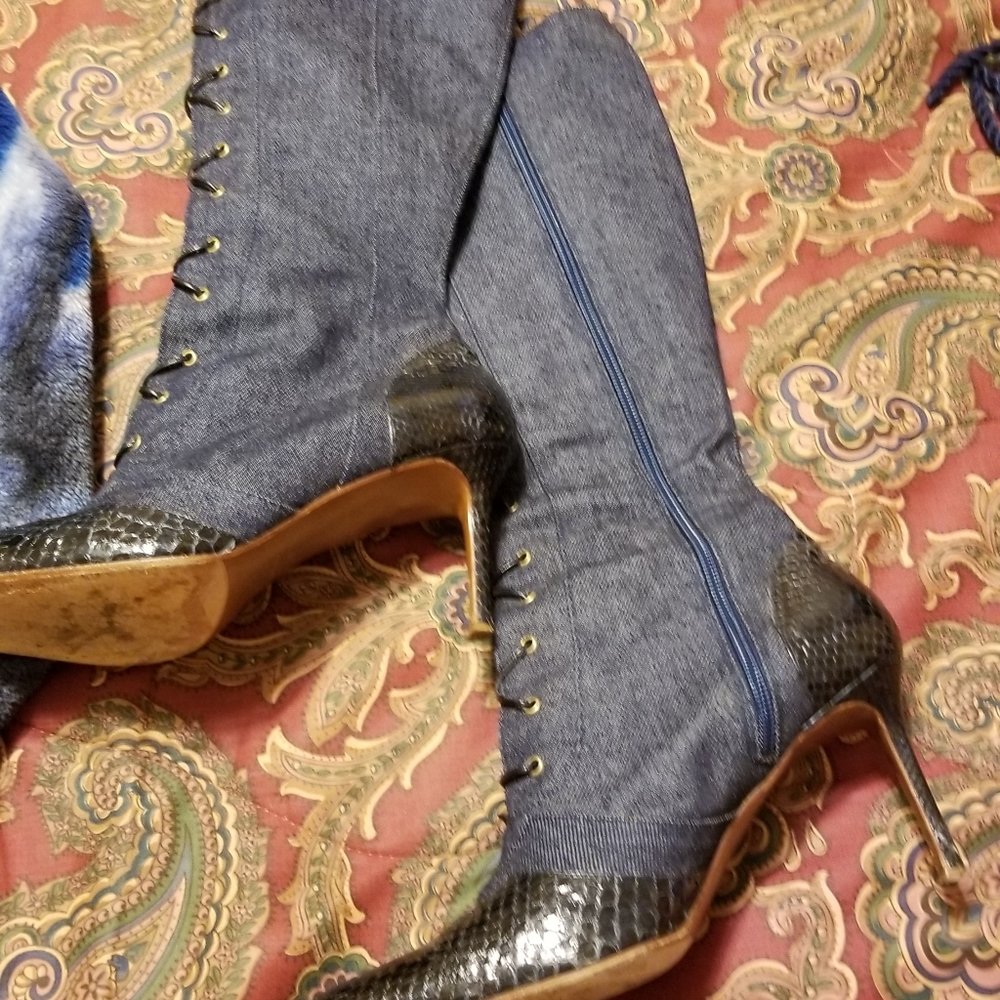 Christian Dior Denim and snake skin boots 8.5